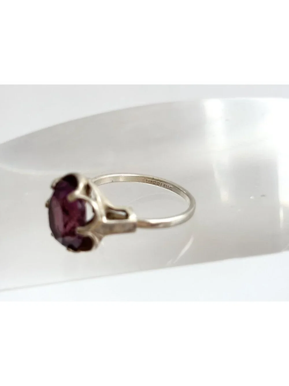 Amethyst Gemstone Scalloped Floral Sterling Silver 925 Vintage Ring - sz 7.5